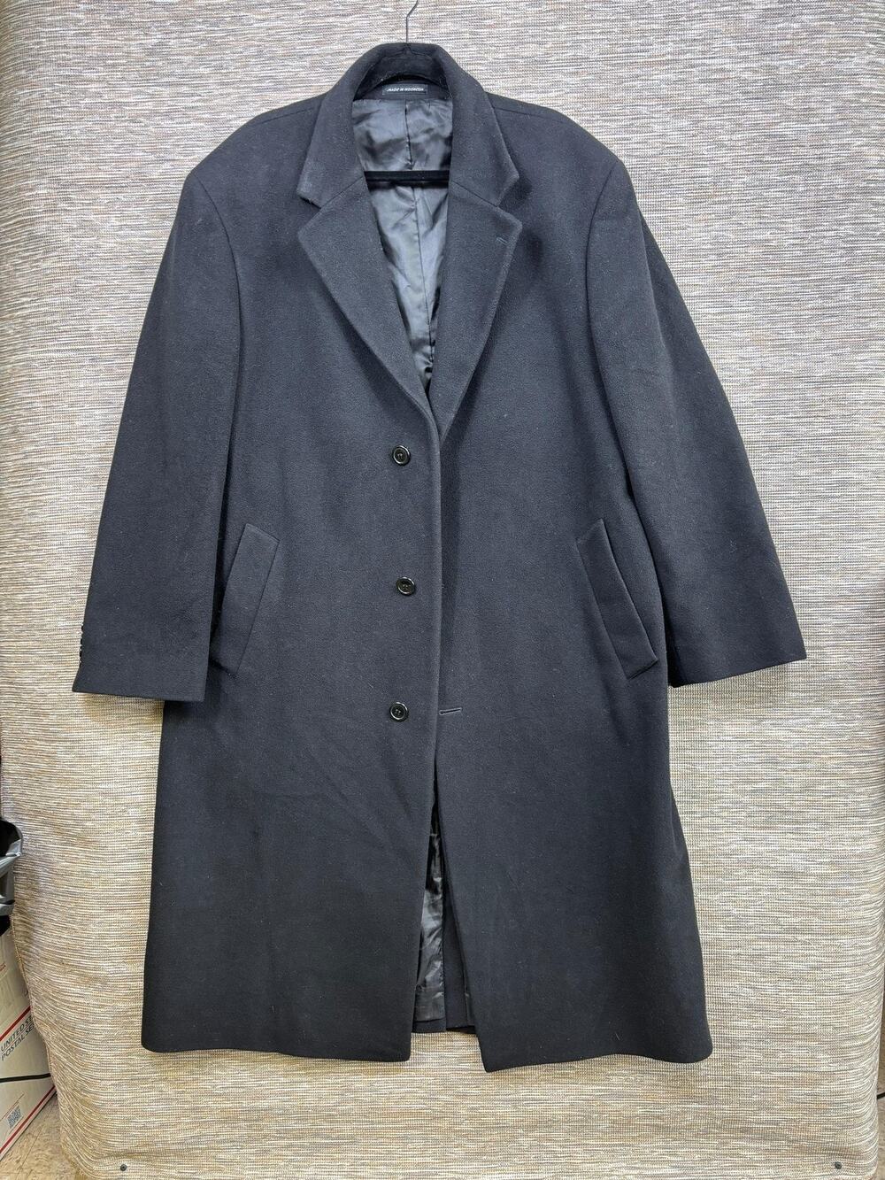 Cashmere Blend Coat Mens Sz 44 Black Single Breasted Long Lined Overcoat Winter